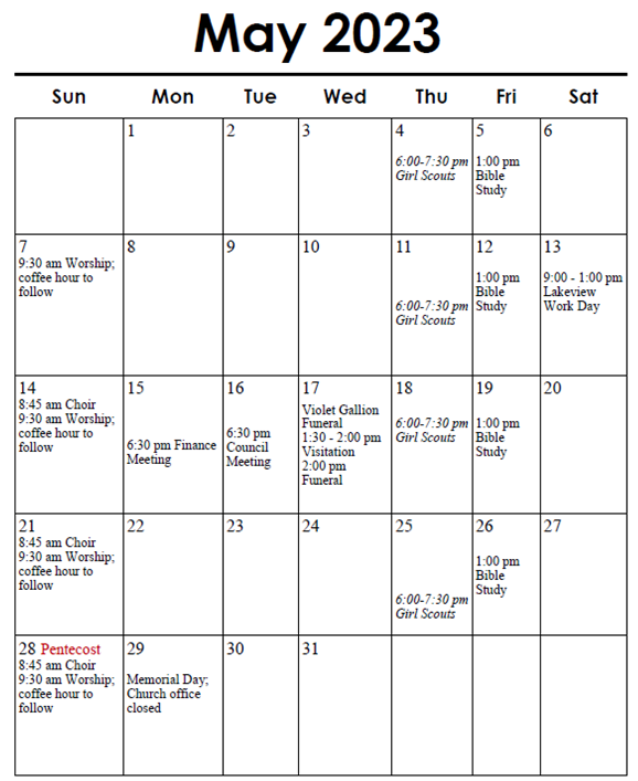 Calendar Lakeview Lutheran Church