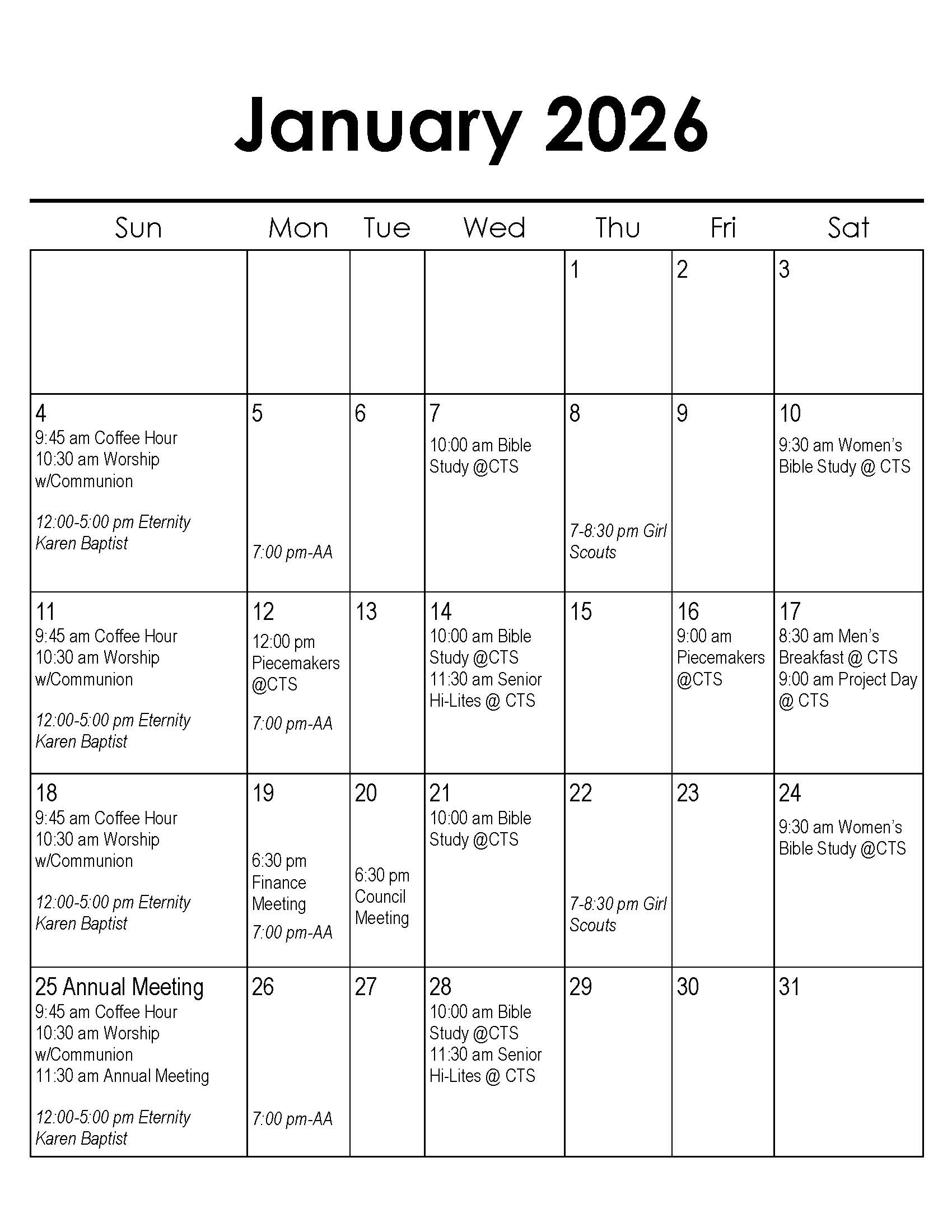 Calendar Lakeview Lutheran Church